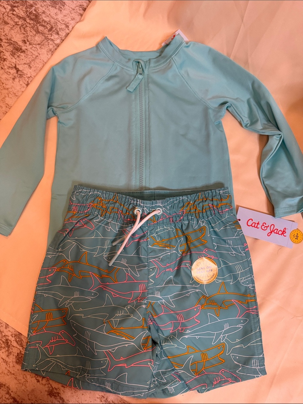 Cat & Jack Aqua Blue Rash Guard Set with Multicolor Shark Trunks